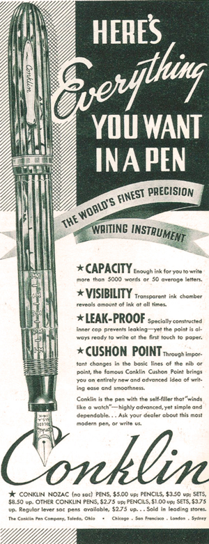 Vintage Conklin Nozac  Advertisement